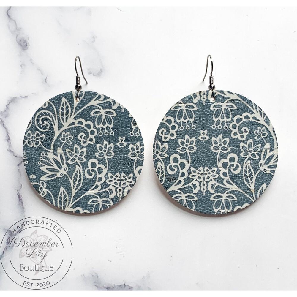 Blue Lace Round Cork/Leather Earrings